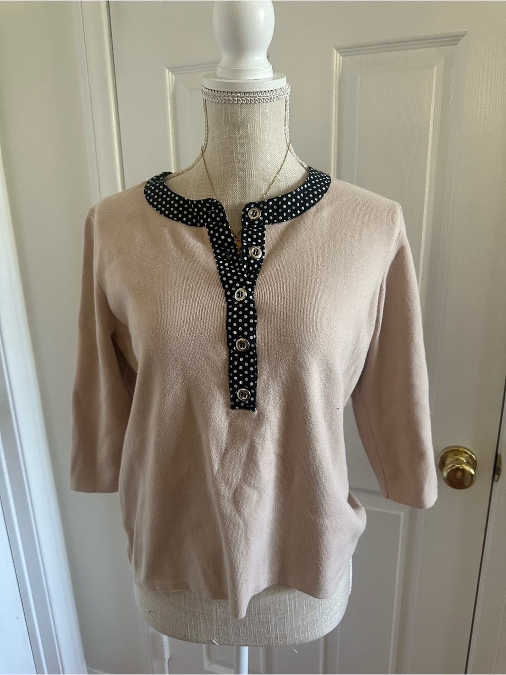 Designers Originals Beige Knit Top with Black Polka Dot Trim